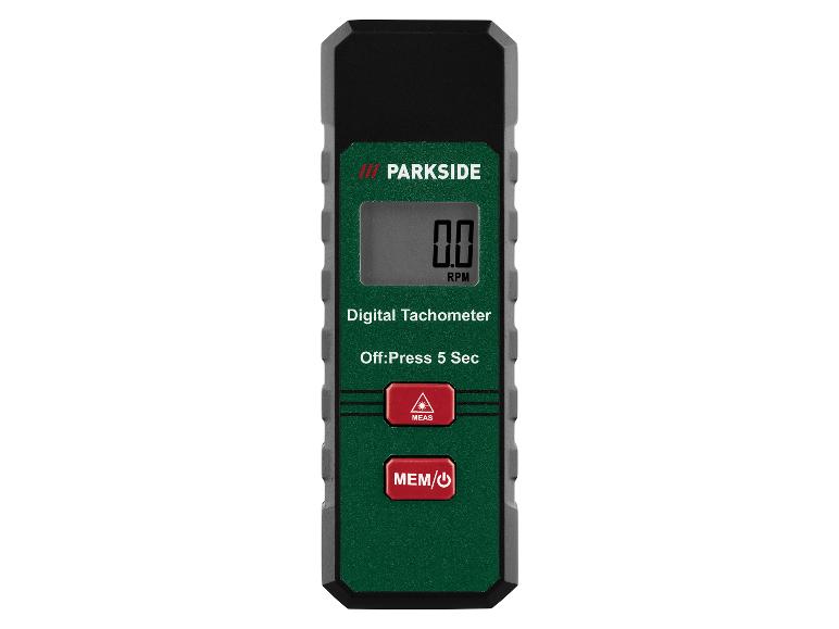Parkside digitale toerenteller met een display dat 0.0 RPM toont en twee rode knoppen.