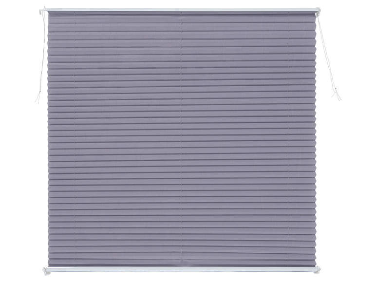 Een paarse plissegordijn met witte rails.