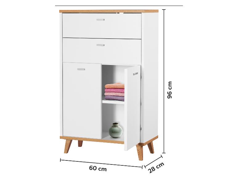 Witte ladekast met houten blad, twee lades en twee deuren, afmetingen 96x60x28 cm.