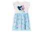 Witte jurk met blauwe tule rok, glitterhart en cartoonfiguren.