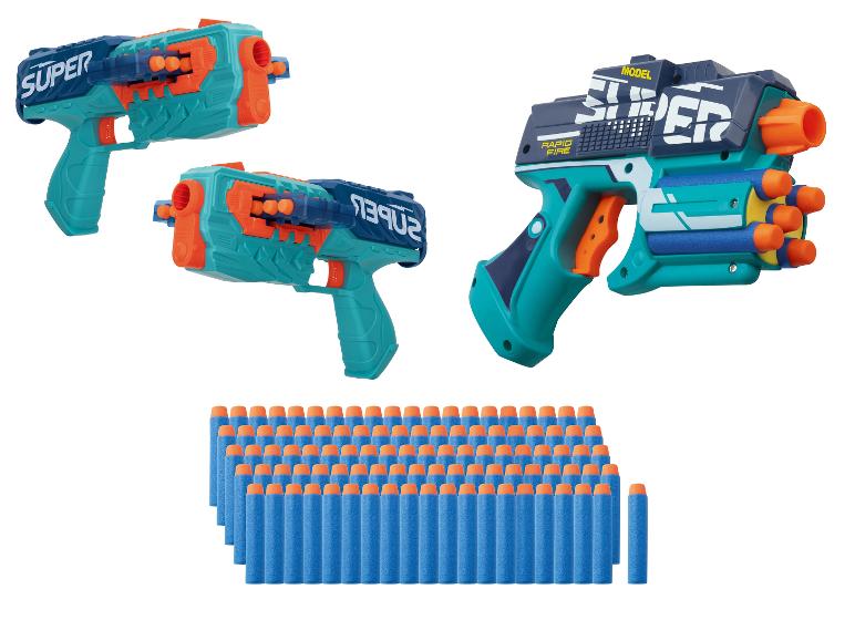 Twee Super speelgoedpistolen en 50 blauwe schuimkogels.