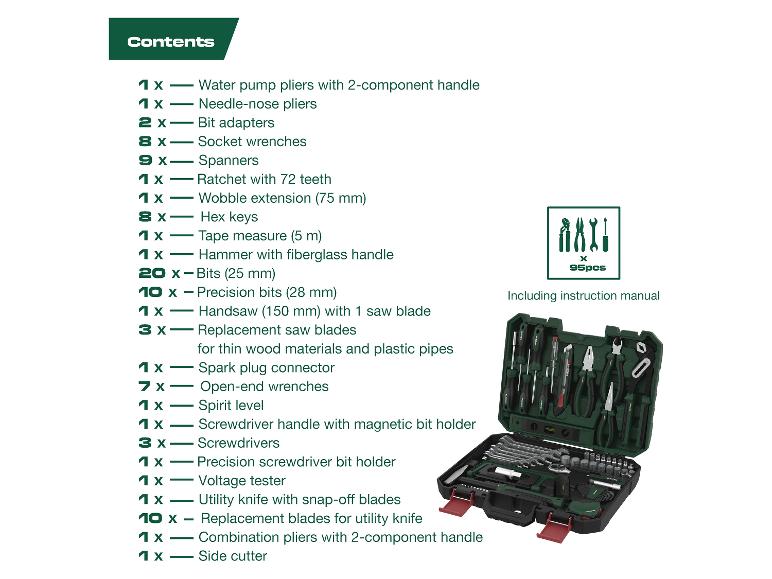 Gereedschapset met tangen, moersleutels, schroevendraaiers, meetlint en zaag, totaal 95 stuks.