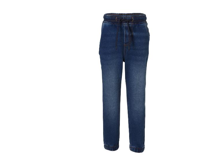 Blauwe denim joggerbroek met trekkoord in de taille en elastische boorden.