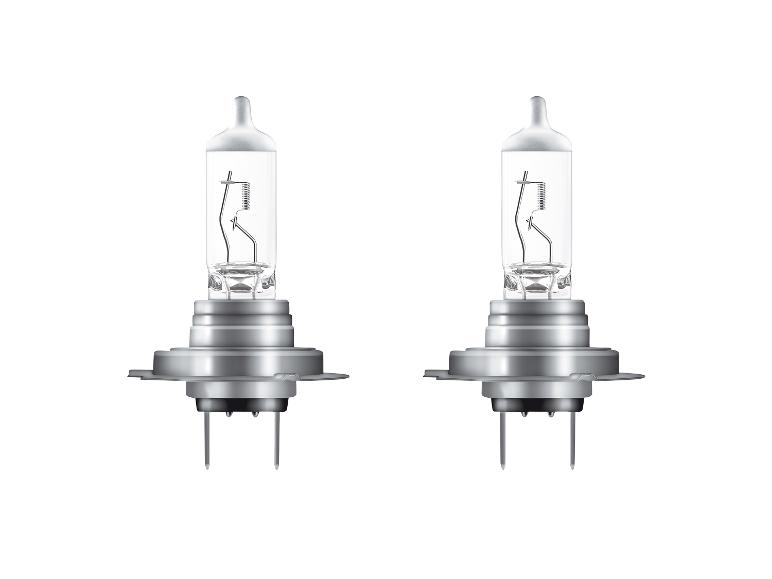 Twee H7 autohalogeenlampen met helder glas en metalen voet.