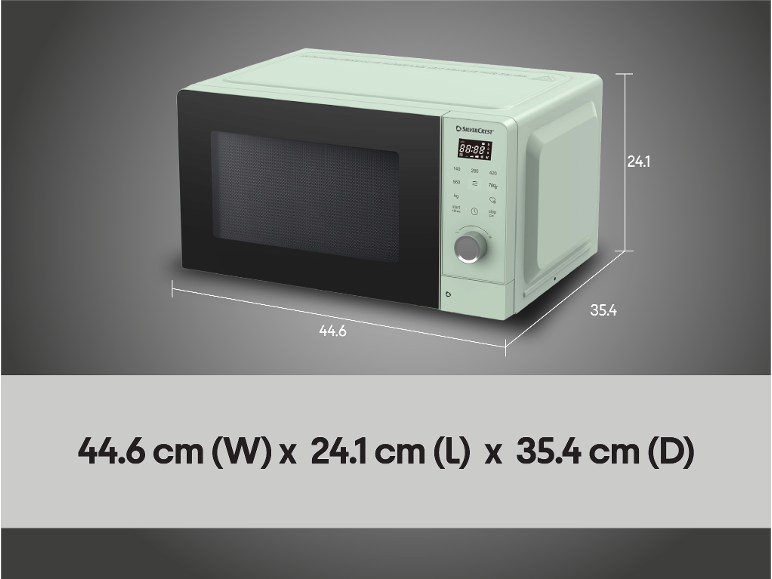Mintgroene magnetron met afmetingen van 44,6 cm (B) x 24,1 cm (H) x 35,4 cm (D).