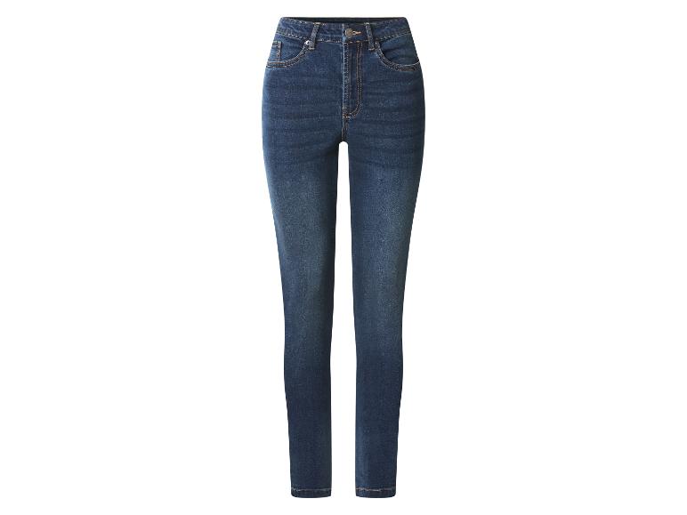 Donkerblauwe skinny jeans voor dames met hoge taille en zichtbare stiksels.