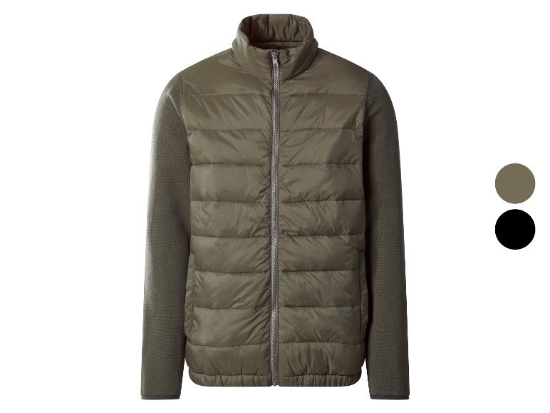 Olijfgroen gewatteerd herenjack met gebreide mouwen en twee kleuropties.