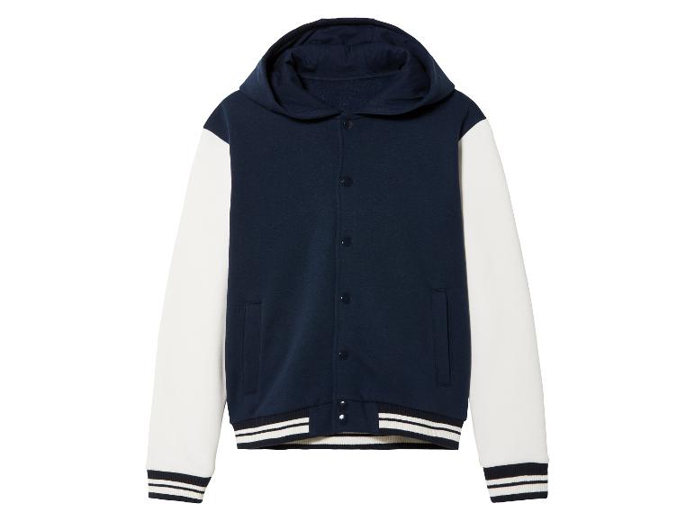 Een heren bomberjack met capuchon, donkerblauw met witte mouwen.