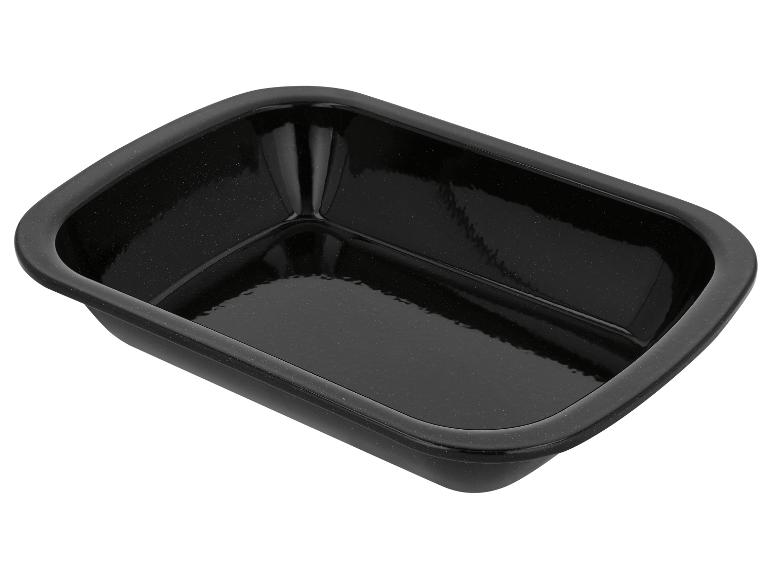 Zwarte rechthoekige geëmailleerde ovenschaal met afgeronde randen.