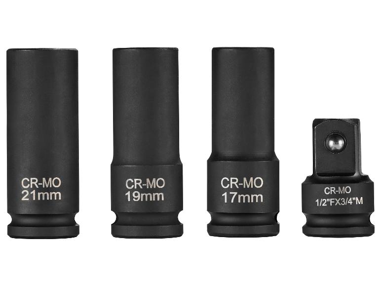 Vier zwarte doppen, inclusief maten 21mm, 19mm, 17mm en een 1/2'FX3/4'M adapter.