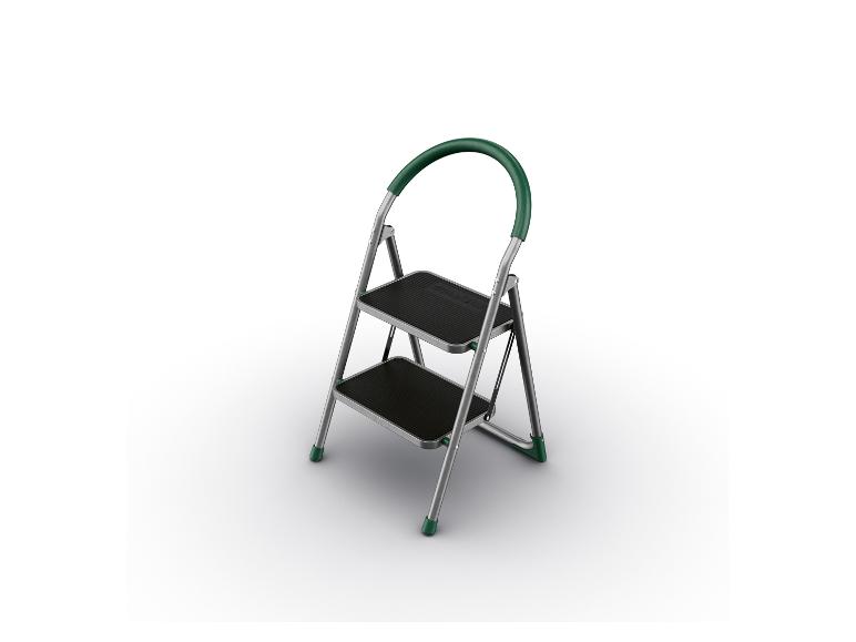 Opvouwbare tweestaps kruk met groene handgreep en antislip treden.