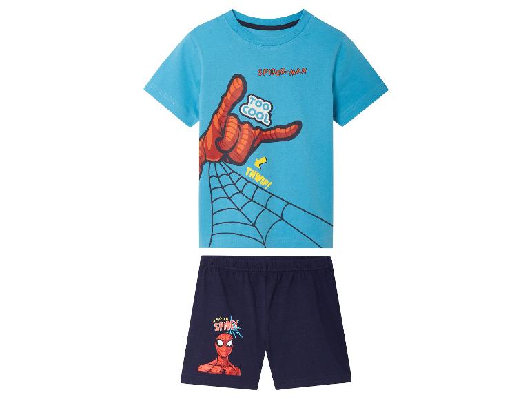 Spiderman pyjama set voor kinderen: blauw t-shirt en donkerblauwe shorts.