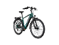 Groene elektrische fiets met zwart zadel, bagagedrager en spatborden.