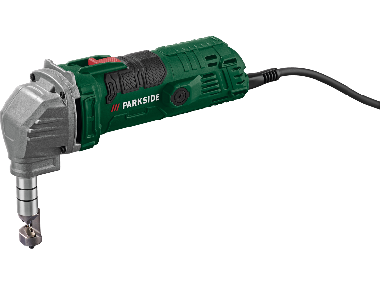 Elektrische knabbelschaar met groene behuizing en zilveren snijkop