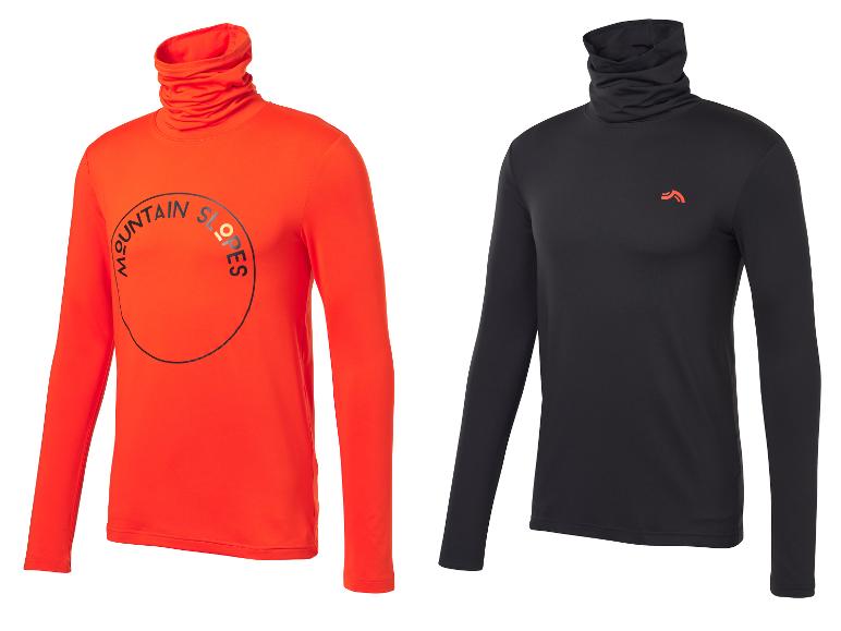 Twee thermoshirts met lange mouwen, één oranje met 'MOUNTAIN SLOPES' tekst, één zwart met een logo.