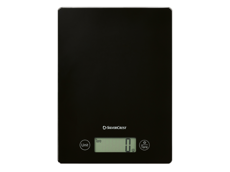 Zwarte keukenweegschaal met digitaal display dat '0 g' toont en knoppen 'Unit' en 'Tare'.