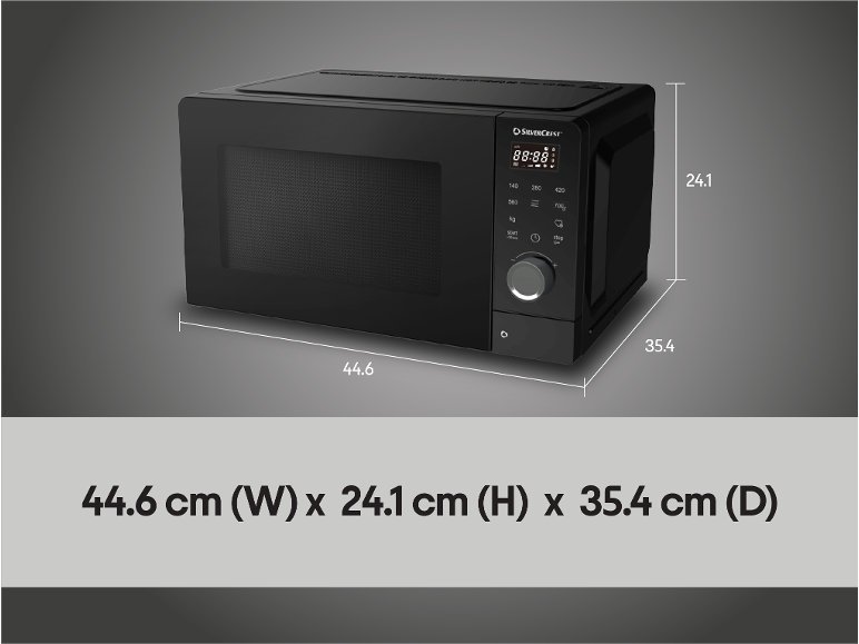 Zwarte magnetron met digitaal display en afmetingen 44,6 x 24,1 x 35,4 cm.