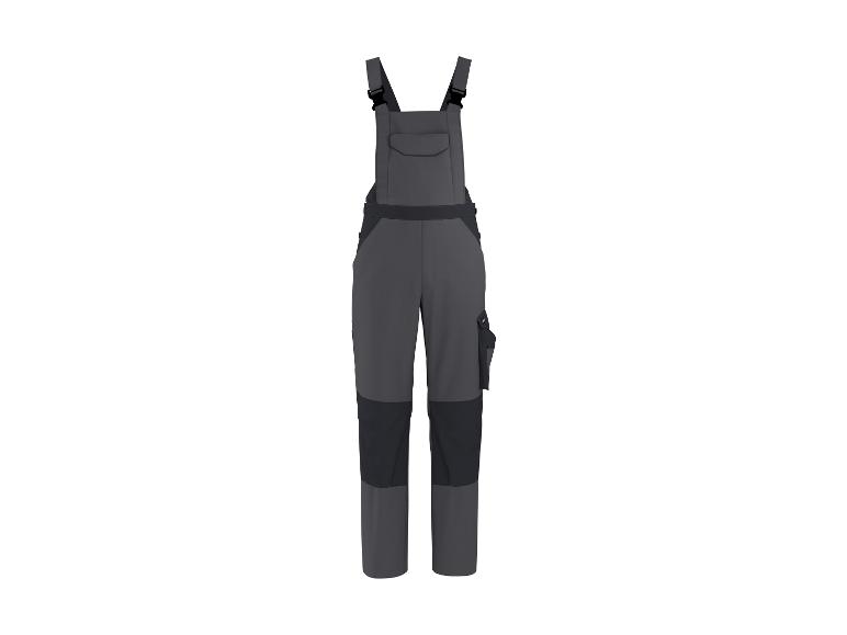Grijze werkoveralls met zwarte accenten en zakken.