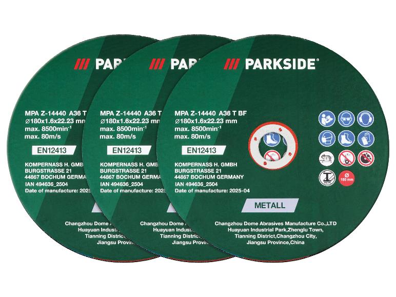 Drie Parkside doorslijpschijven voor metaal, 180 mm, met veiligheidsinstructies.