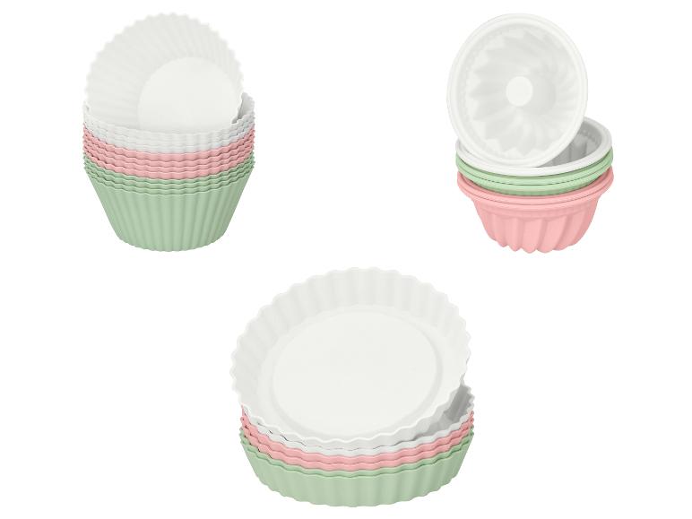 Set siliconen bakvormen in wit, roze en groen.