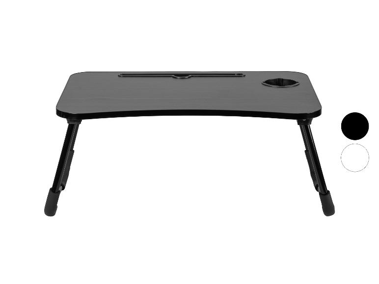 Zwarte opvouwbare bedtafel met bekerhouder en sleuf voor apparaten.