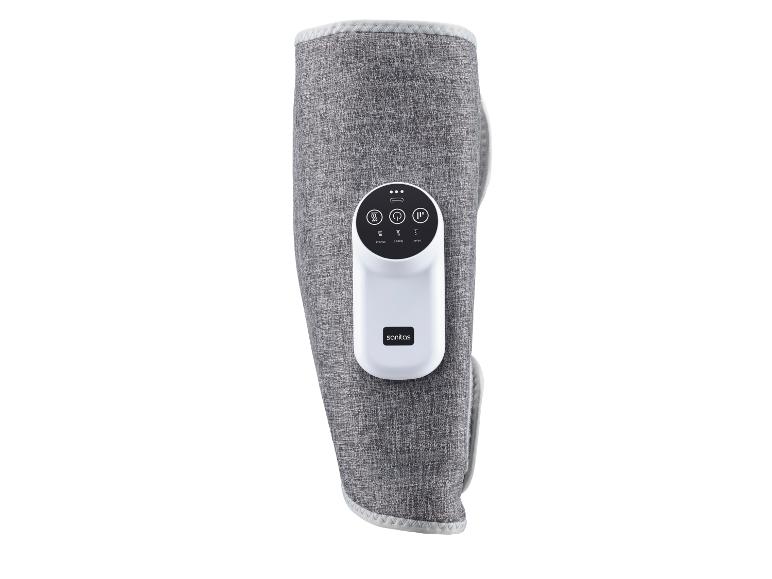 Grijze kniemassager met wit bedieningspaneel en knoppen voor warmte- en massagestanden.