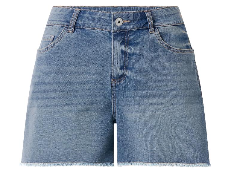Blauwe denim shorts met hoge taille en gerafelde zomen.