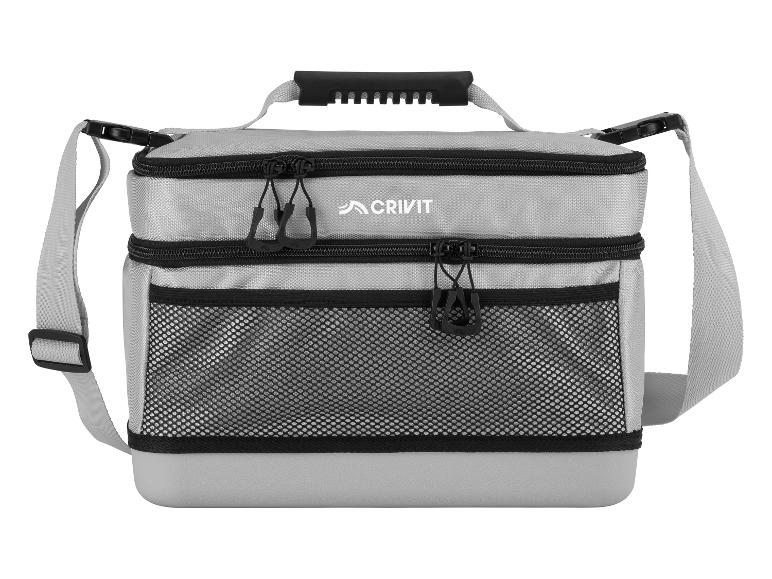 Grijze koeltas met twee compartimenten, ritsen en een gaasvak.
