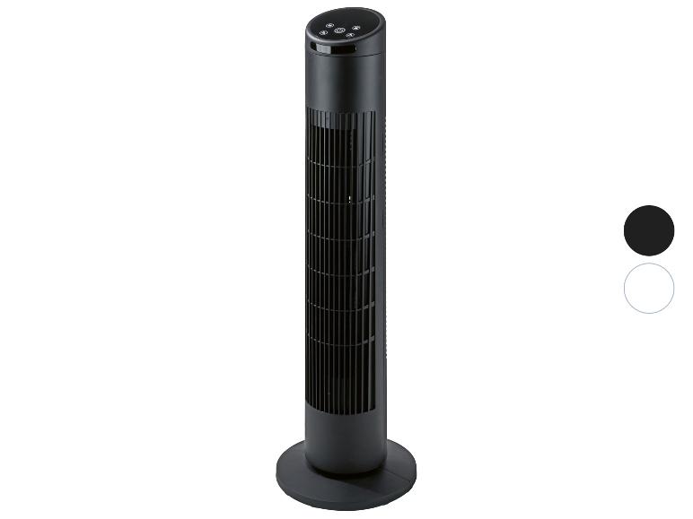 Zwarte torenventilator met bedieningsknoppen bovenaan.
