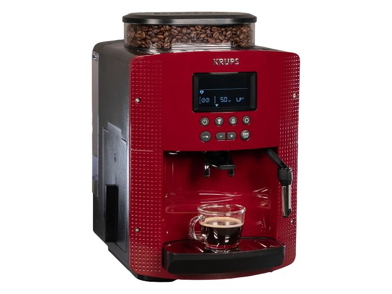 Rood automatisch koffiezetapparaat met koffiebonen, een display met '50 ml' en een kopje koffie.