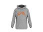 Grijze hoodie met oranje logo op de voorkant.