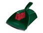 Groene plastic bezem en schep voor het schoonmaken.