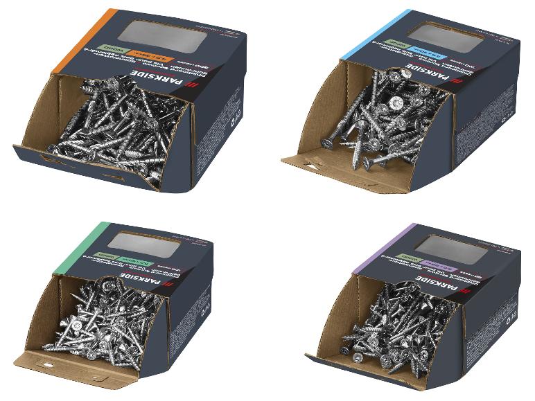 Set van vier dozen spaanplaatschroeven, in verschillende maten en gekleurde etiketten.