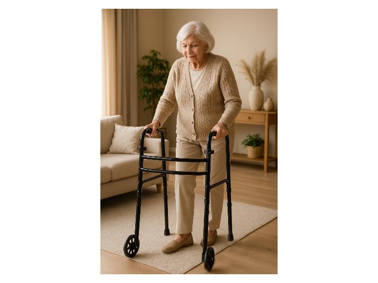 Oudere vrouw gebruikt een rollator in de woonkamer.