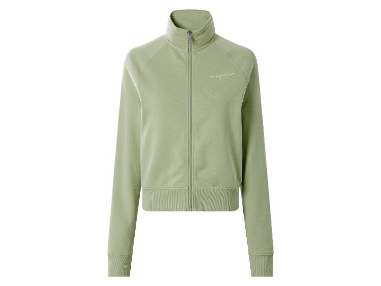 Groen trainingsjack met rits en hoge kraag, met de tekst 'STRENESSE BLUE' op de borst.