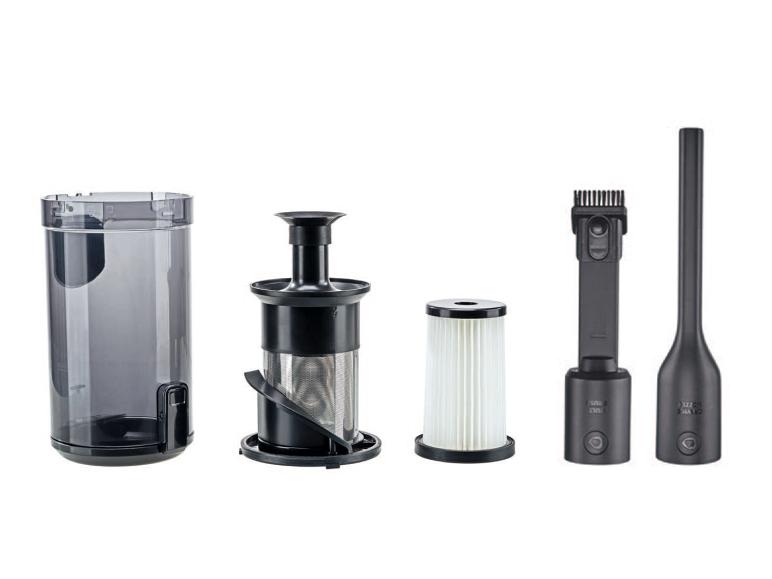 Stofzuigeraccessoires: stofreservoir, filter, borstel en kierenzuiger.