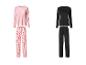 Roze pyjama met hartjes en zwarte pyjama met stippen.
