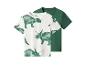 Twee kinder T-shirts: één wit met groene dinosaurussen, de andere effen groen.