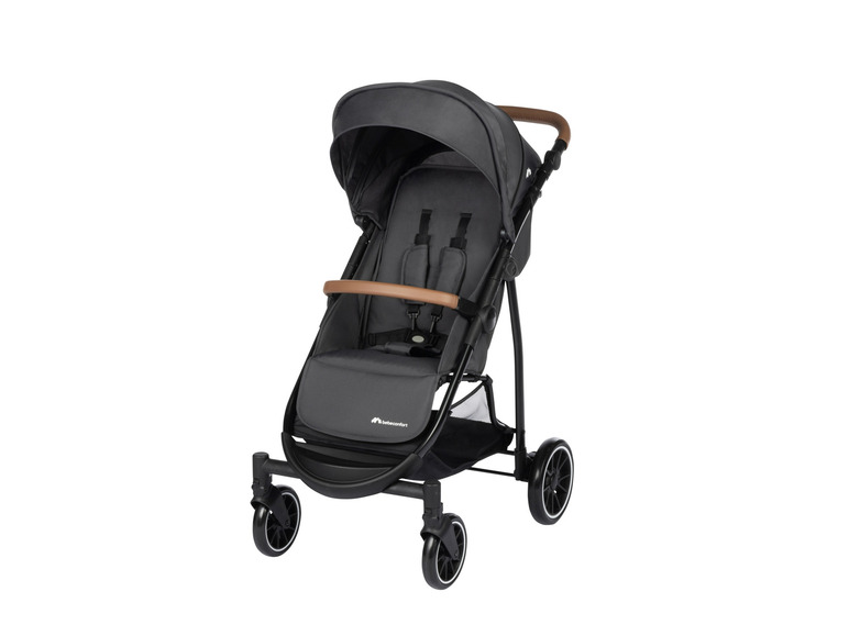 Een zwarte BeSafe buggy met een bruine handgreep.