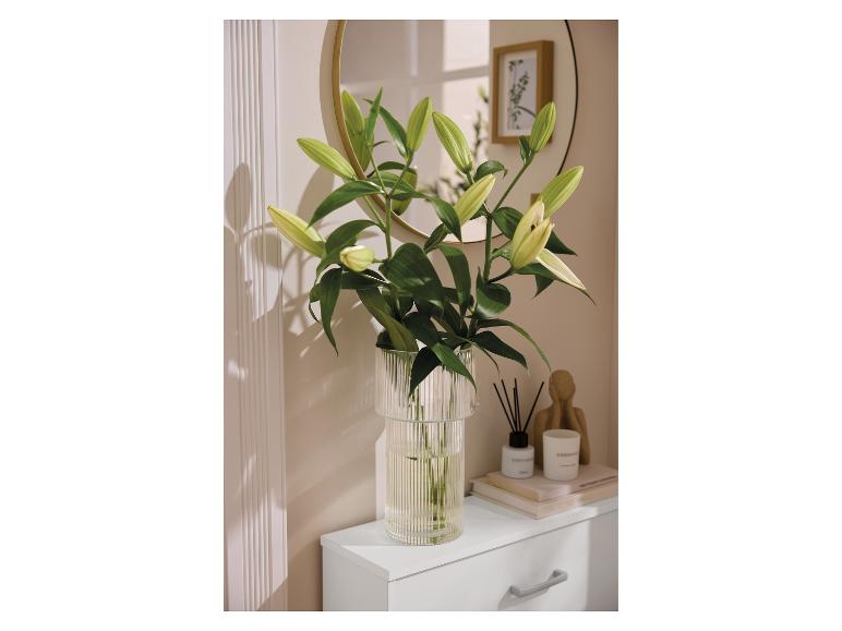 LIVARNO home glazen vaas met een boeket lelies op een dressoir.