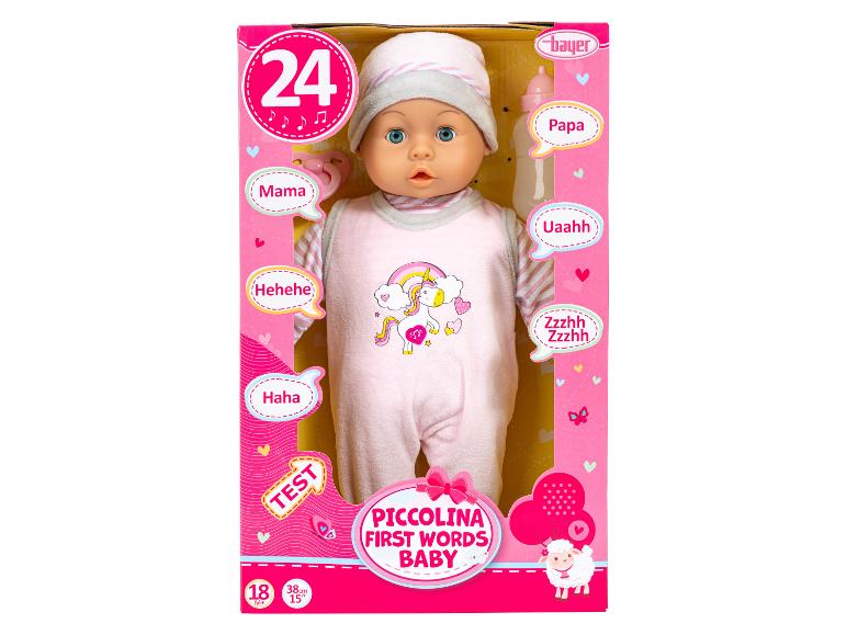 Piccolina First Words babypop in een roze doos met tekst en illustraties