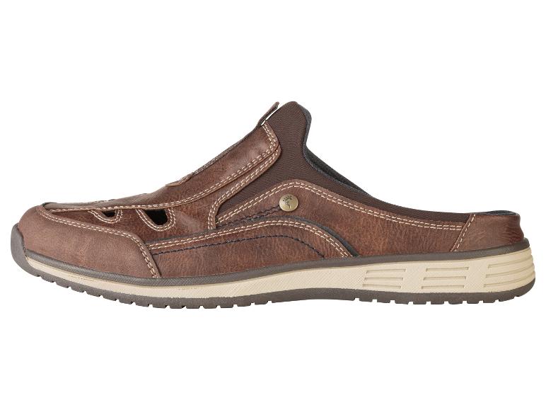 Bruine leren muiltjes, casual stijl.