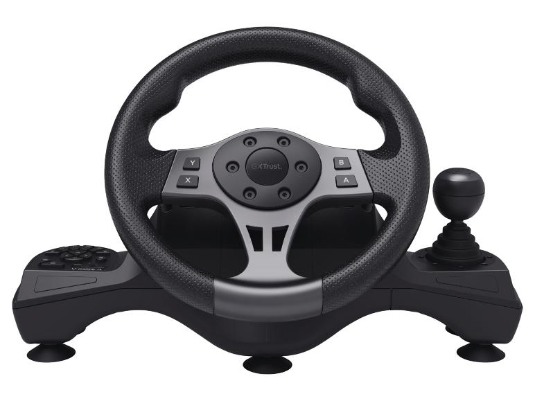 Zwart gaming stuurwiel met versnellingspook en bedieningsknoppen.