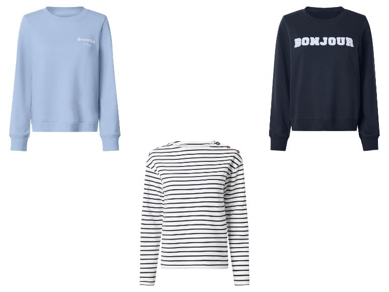 Drie sweatshirts: lichtblauw met 'Breakfast Club', donkerblauw met 'BONJOUR' en een wit-zwart gestreepte.