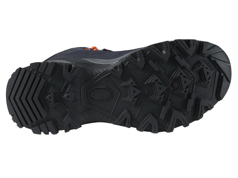 Zwarte wandelschoen met oranje veters, onderaanzicht.