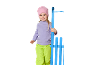Meisje met roze muts, paarse trui en groene broek, staand naast een blauw hek.