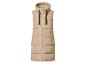 Lange beige gewatteerde bodywarmer met capuchon en zwart trekkoord