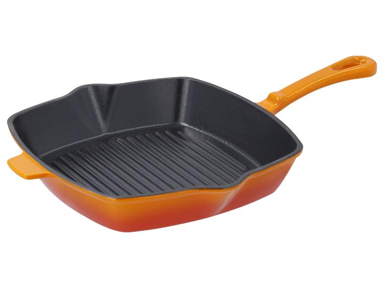 Oranje geëmailleerde gietijzeren grillpan.
