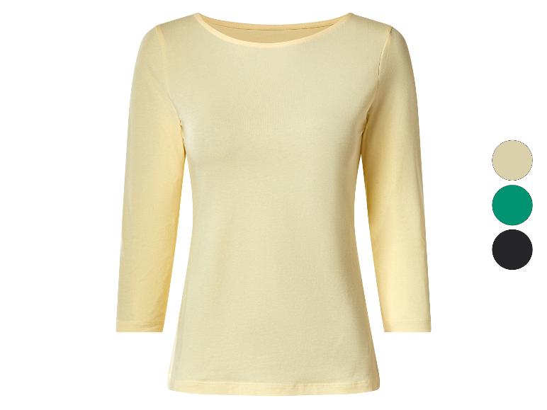 Dames T-shirt met 3/4 mouwen in geel, met opties voor groen, beige en zwart.