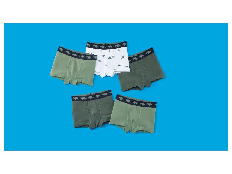 Kinderboxershorts met dinosauruspatroon in groen en wit.